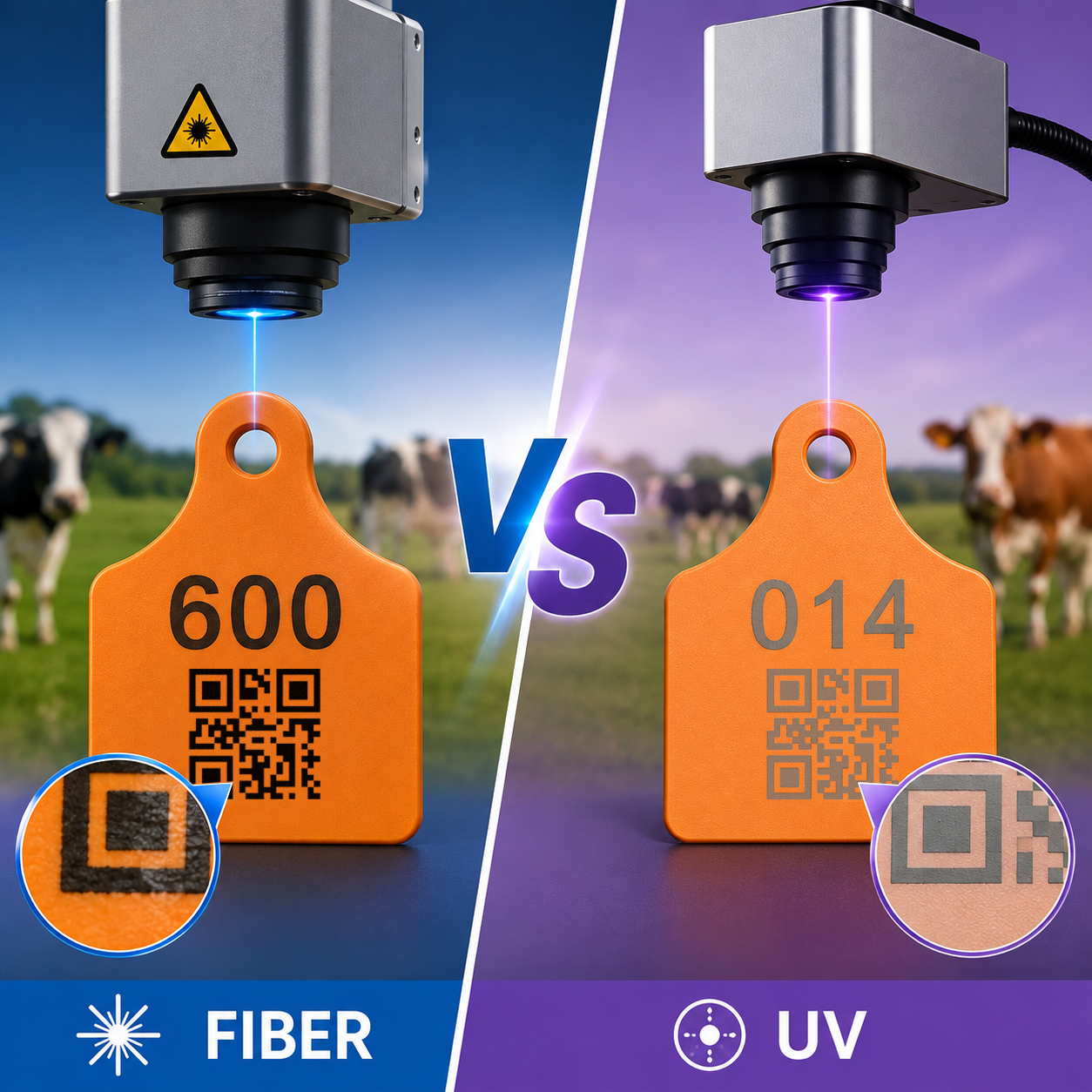 Prueba de marcado con láser de fibra y UV en crotales para orejas de animales